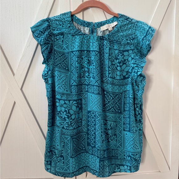 LOFT Teal Floral Geometric Blouse - Picture 1 of 4